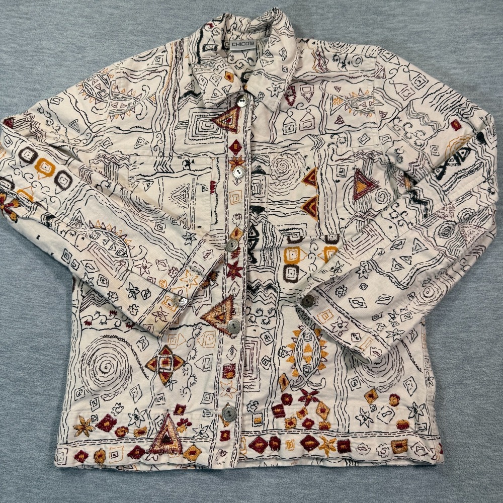 Chico's Jacket Womens 0 S White Embroidered Abstract Art Button Front Cotton Top
